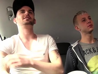 Avid gay boys go messy in a car sex act enjoy ass fucking