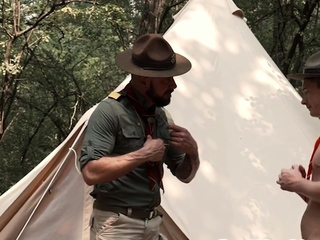 Inked gaydaddy scout fucks bottom twink in tent outdoor